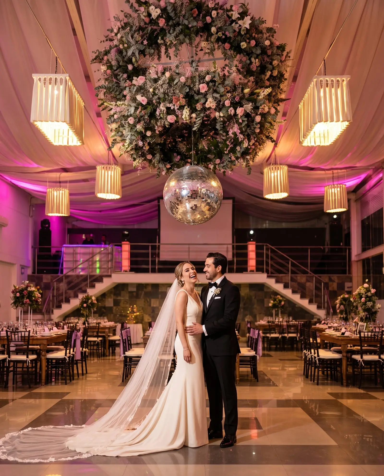 Los novios se ríen bajo la corona floral y la esfera de espejos