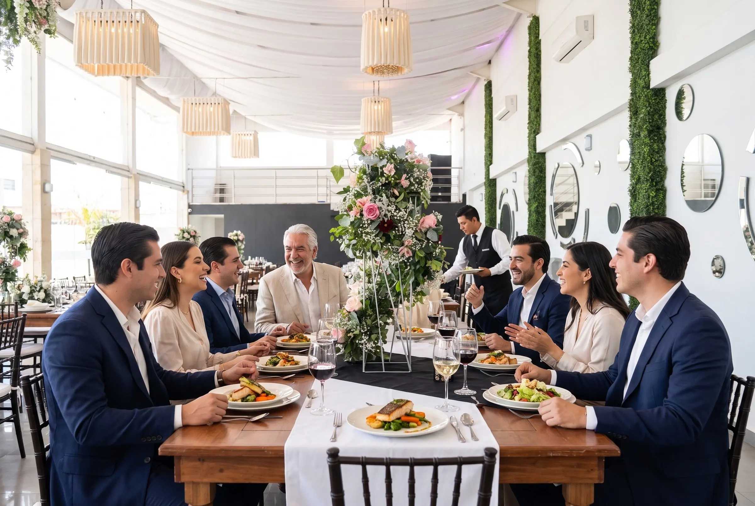 Una comida de equipo de día, con luz natural del ventanal y la mesa servida