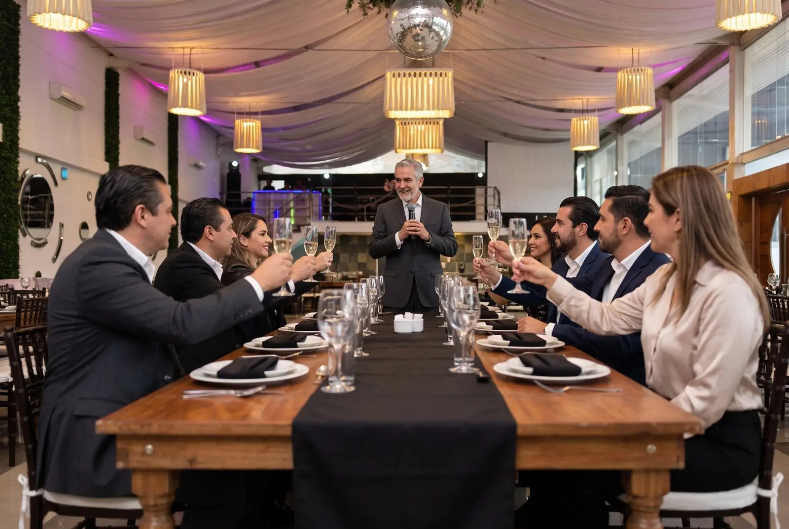Una mesa larga de empresa brinda con champaña en el salón