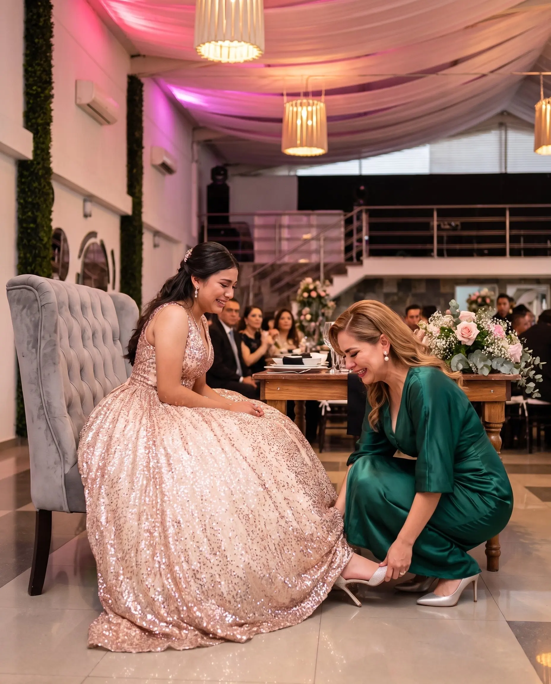 La mamá le cambia las zapatillas a la quinceañera, sentada en el sillón gris del salón